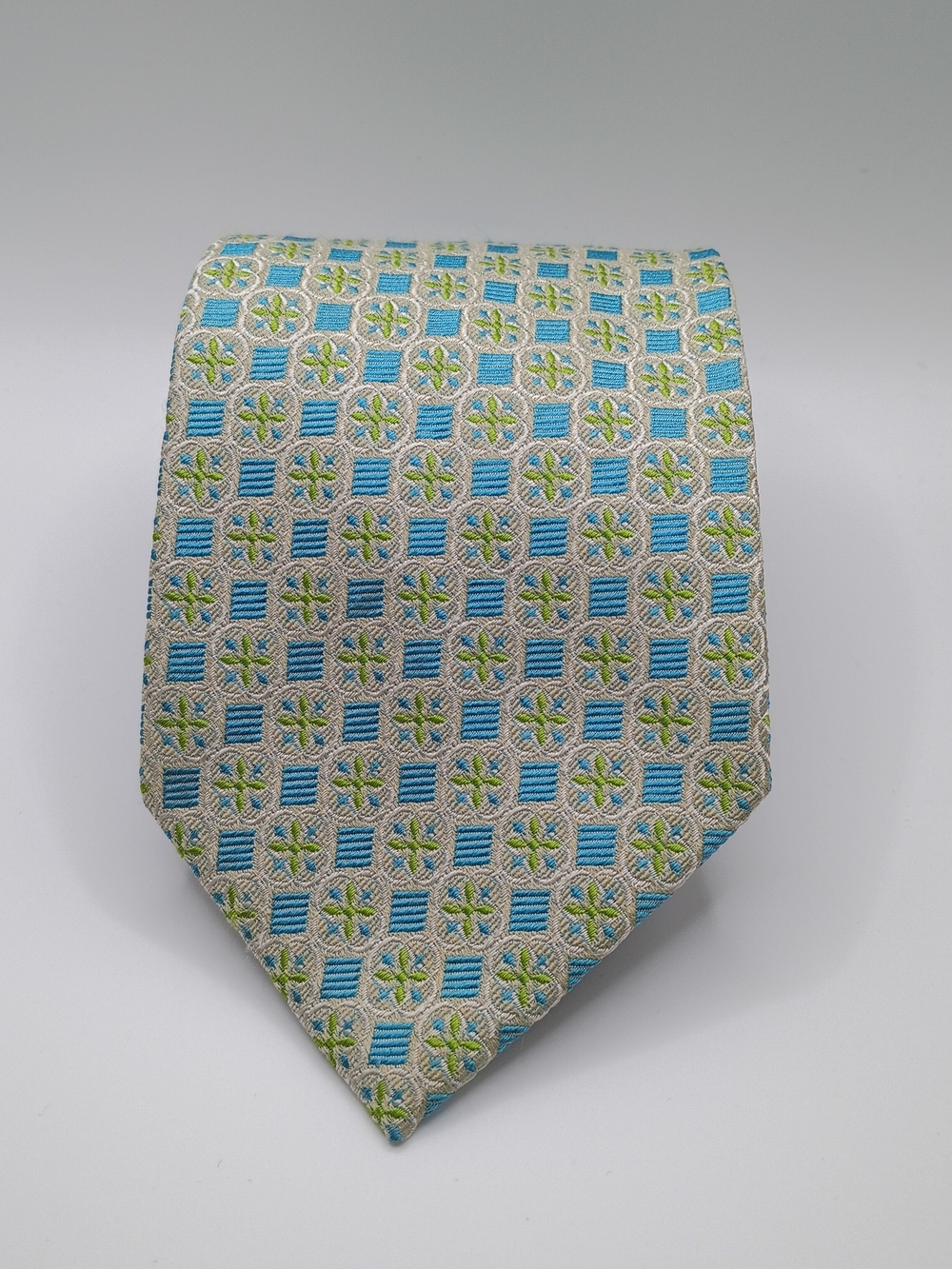 Hugo Boss Silk Tie Men's Blue & Green Geometric Necktie 3.5" x 60" Made In Italy